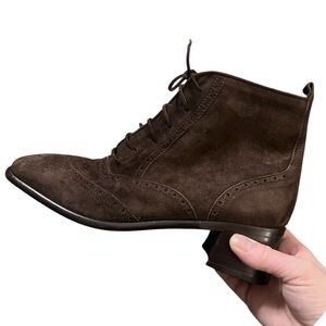 Joan Halpern vintage brown suede lace up healed ankle boots handmade